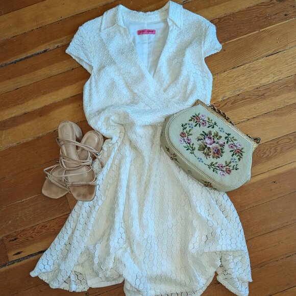 Vintage Betsey Johnson Dress - Cream - Eylet/Lace - Collared - Picture 2 of 8